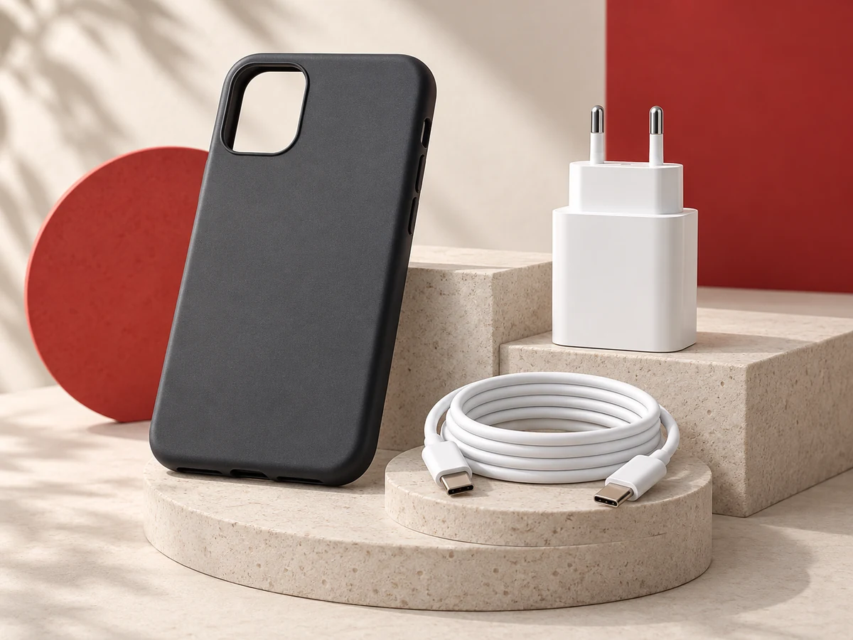 Illustration d’une coque, d’un câble de recharge et d’un chargeur.