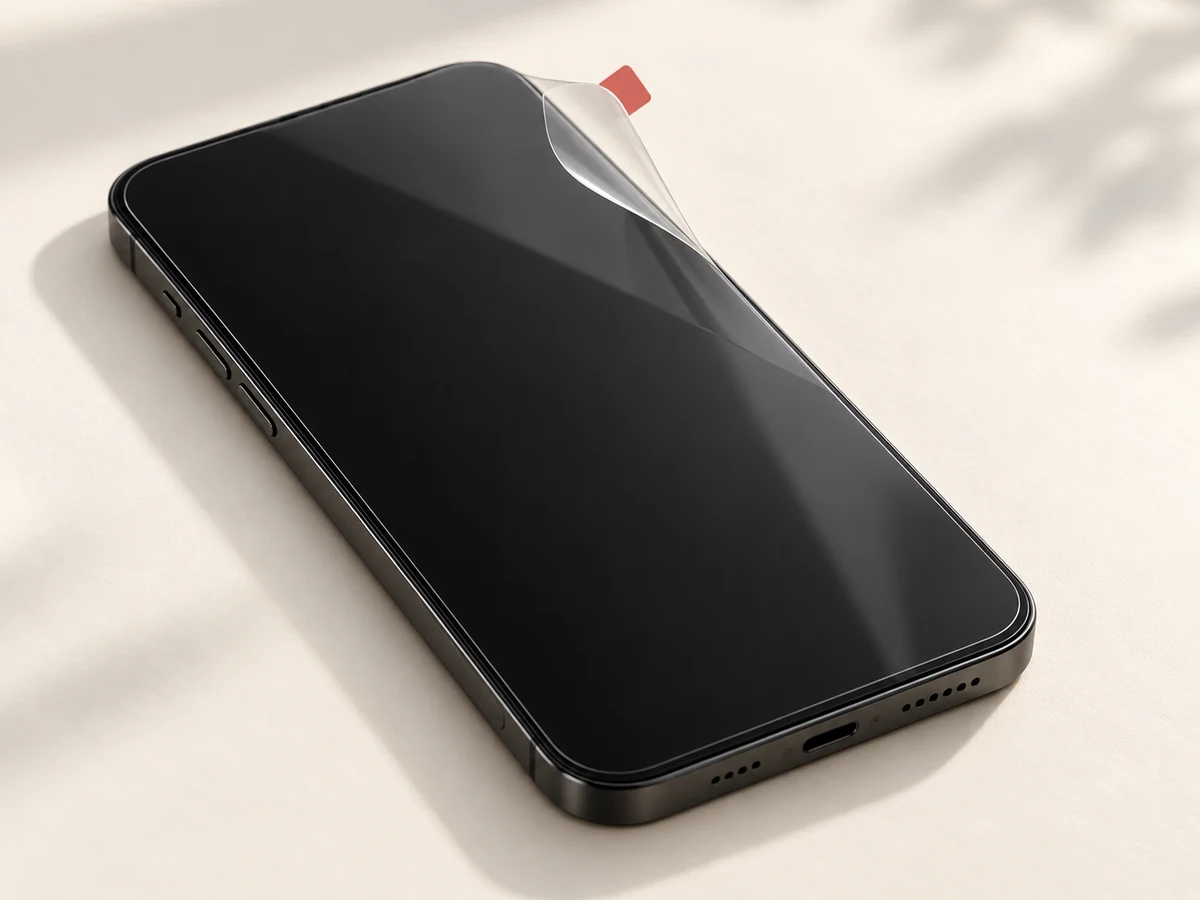 Illustration d’un film de protection souple sur l’écran d’un smartphone.