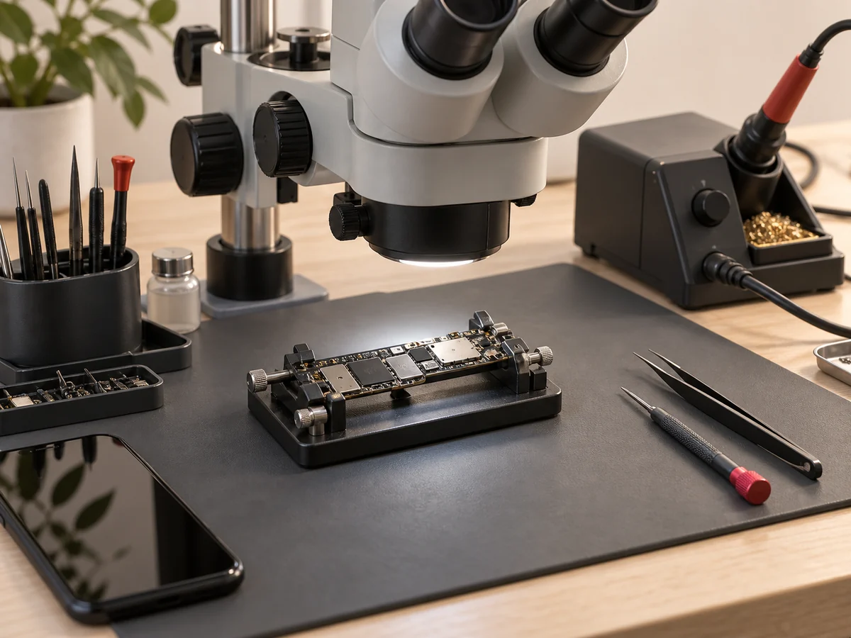 Illustration d’un poste de précision : microscope, carte électronique et station de soudure.