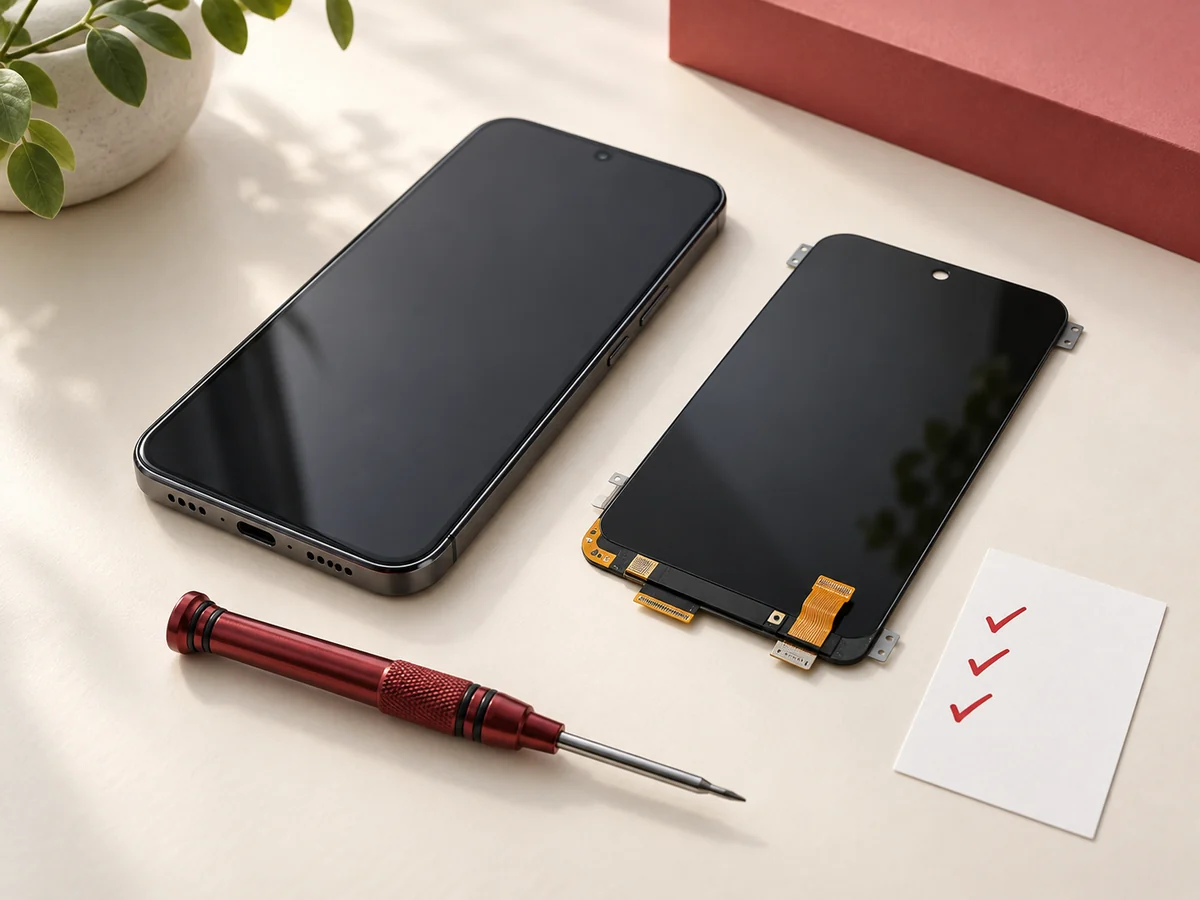 Illustration d’un smartphone, d’un écran de remplacement et d’outils de précision.